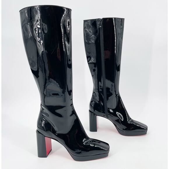 Christian Louboutin Alleo 90 Black Patent Leather Knee High Block Heel Boots 42 - Picture 1 of 11